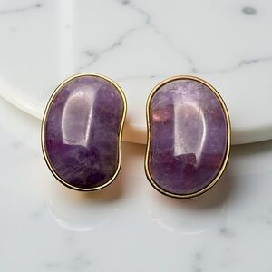 Vintage Genuine Amethyst Cabochon Gold Tone Clip On Earrings Estate